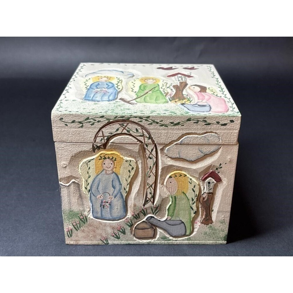 Vintage Treasured Keepsakes Hand Carved Wood Box Jewelry Storage Artsy Home Deco